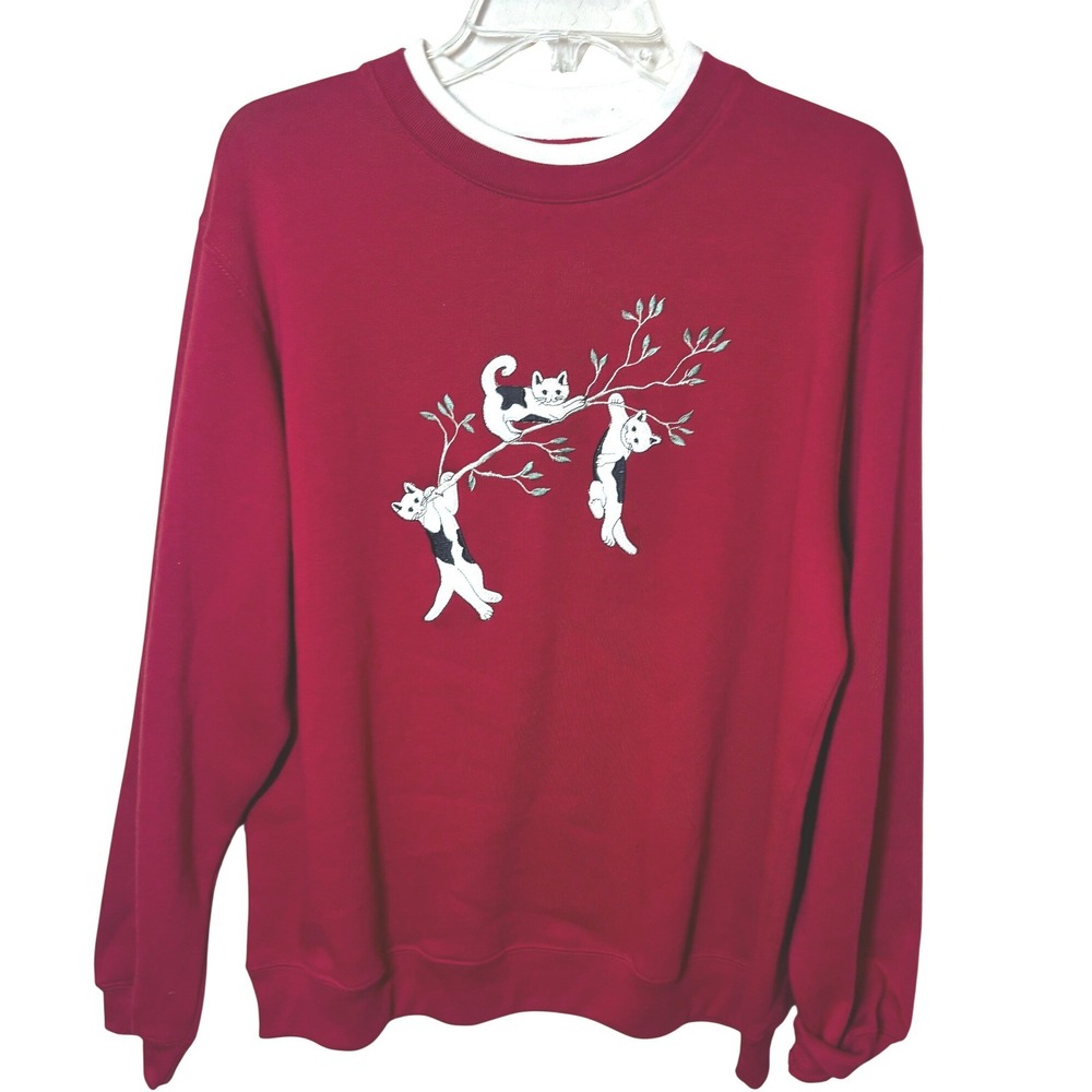 Classic Elements Womens Red Embroidered Cats Branch Sweatshirt Large L Pullover